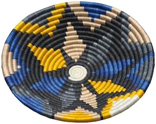 Handwoven African Basket Handmade sisal Fruit Bowl Wall Hanging decorative Baskets for Home Living Room Kitchen Centerpiece Zen Designs Arts and Crafts (Yellow Charcoal Grey Blue, 8in diameter)