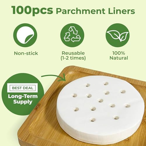 6 inch Dumpling Bamboo Steamer 2 Tier (Steel Reinforced) W/ 100PCS Liners - 2 Bamboo Steamer Basket & Lid, Dumpling Steamers For Food Cooking Steaming Bao Bun, Dim Sum Chinese Asian & Vegetables