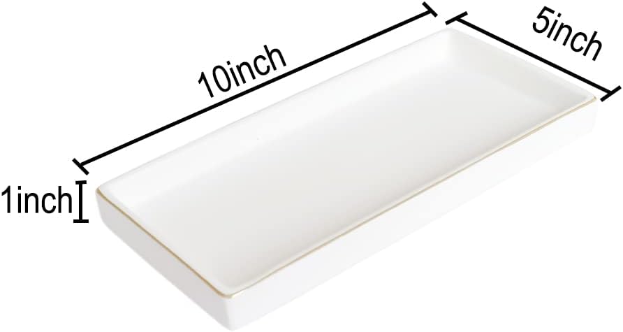 10 x 5 Ceramic Bathroom Tray for Countertop, Decorative Vanity Tray for Dresser Tops, Small Rectangular Trays for Perfume, Candle, Jewelry, Cosmetics (White)