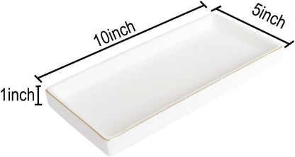 10 x 5 Ceramic Bathroom Tray for Countertop, Decorative Vanity Tray for Dresser Tops, Small Rectangular Trays for Perfume, Candle, Jewelry, Cosmetics (White)