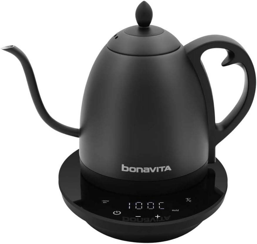 Bonavita Cosmopolitan 1.0L Gooseneck Electric Kettle, Stainless Steel Water Boiler for Coffee Brew and Tea Precise Pour Control, 6 Preset Temps, Glass Touch Panel, 1200W Fast Boil, Matte Black