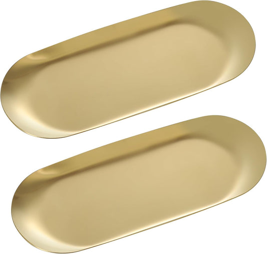 IBWell 2 pcs Gold Decorative Serving Tray for Bathroom, Small Jewelry Tray, Long Tray, Gold Jewelry Tray, Jewelry Bowl Dish Decorative Bathroom Tray -7”