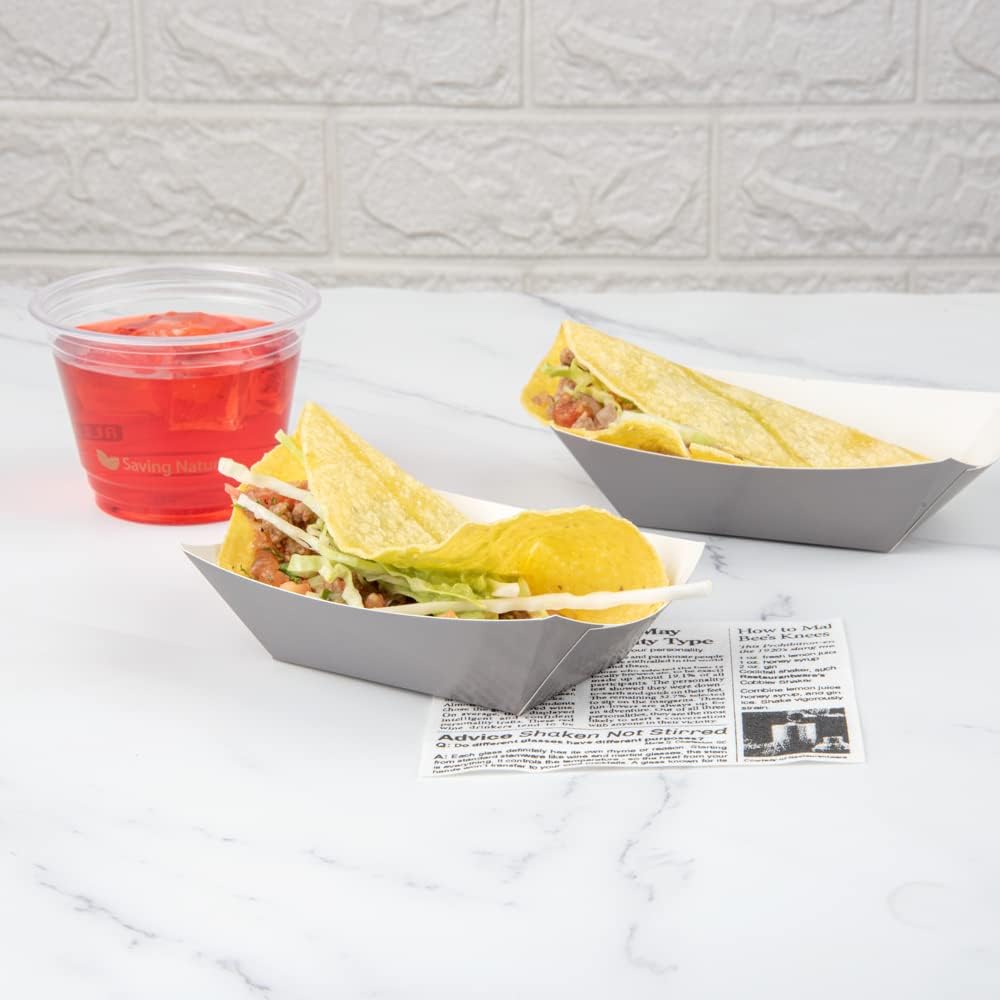 Restaurantware Bio Tek 6 Ounce Boat Paper Boats 50 Disposable #40 Food Trays - PE Lining Durable Gray Paper Food Baskets For Concession Stands Picnics or Fairs Stackable