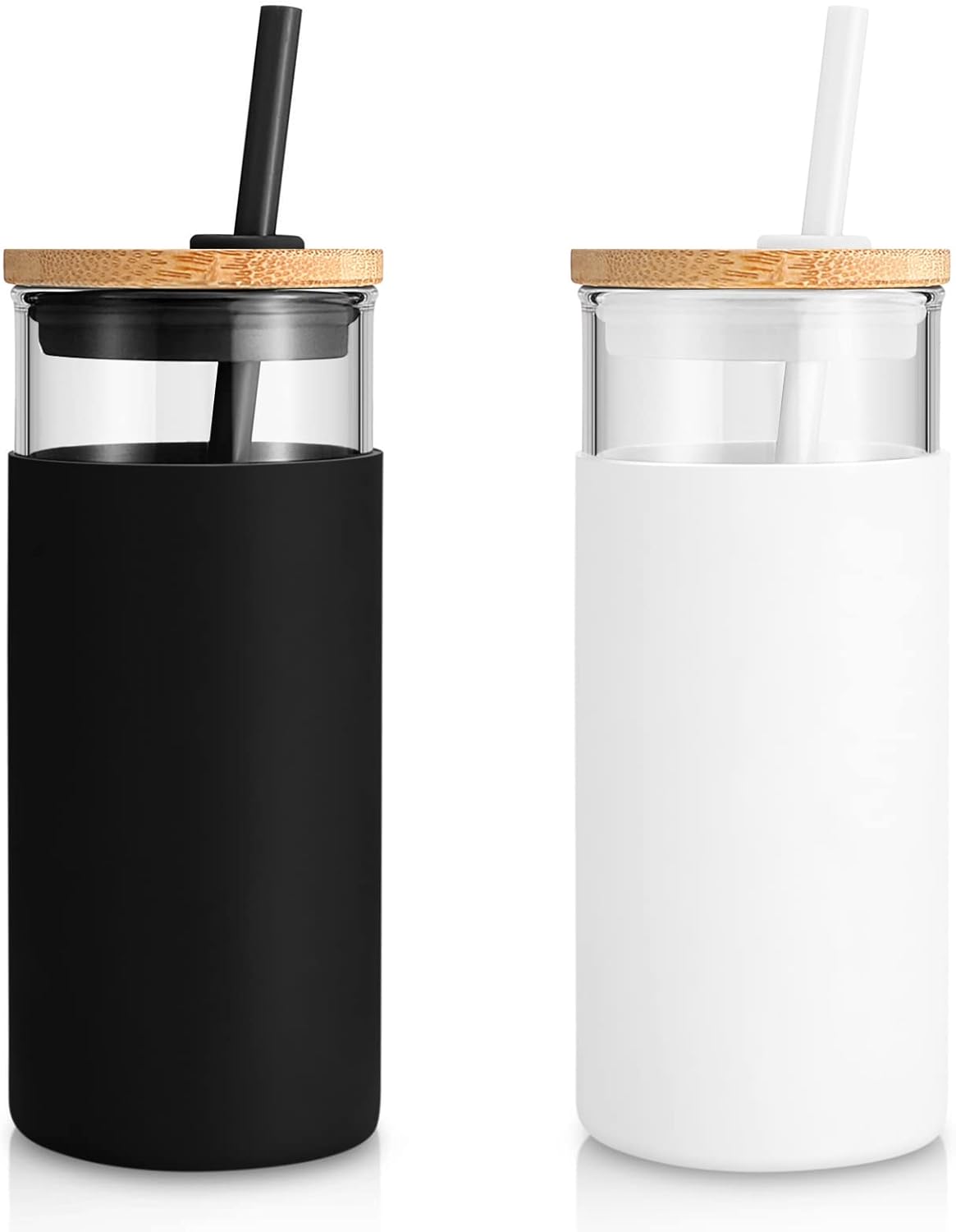 Tronco 20 oz Glass Tumbler with Lid and Straw, Iced Coffee Cup and Smoothie Cup with Bamboo Lids & Protective Silicone Sleeve, Dishwasher Safe, BPA-Free, Glass Cup 2 Pack