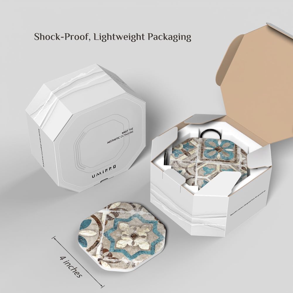 UMIRRO Drinks Coasters for Coffee Table Decor, Rustic Retro Boho Farmhouse Coasters, Absorbent Cup Mats for Wooden Table, Mandala Style, Unique Vintage Tile Design, Brown, 4", Set of 6