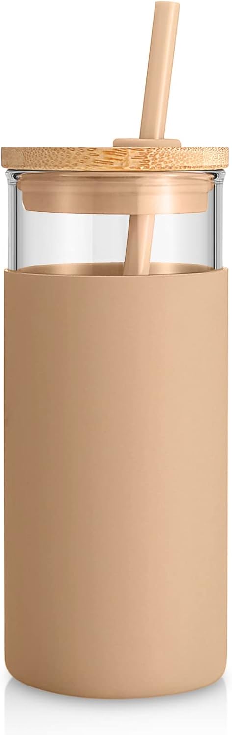 Tronco 20 oz Glass Tumbler with Lid and Straw, Iced Coffee Cup and Smoothie Cup with Bamboo Lids & Protective Silicone Sleeve, Dishwasher Safe, BPA-Free, Glass Cup 1 Pack