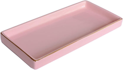 10 x 5 Ceramic Bathroom Tray for Countertop, Decorative Vanity Tray for Dresser Tops, Small Rectangular Trays for Perfume, Candle, Jewelry, Cosmetics (Pink)