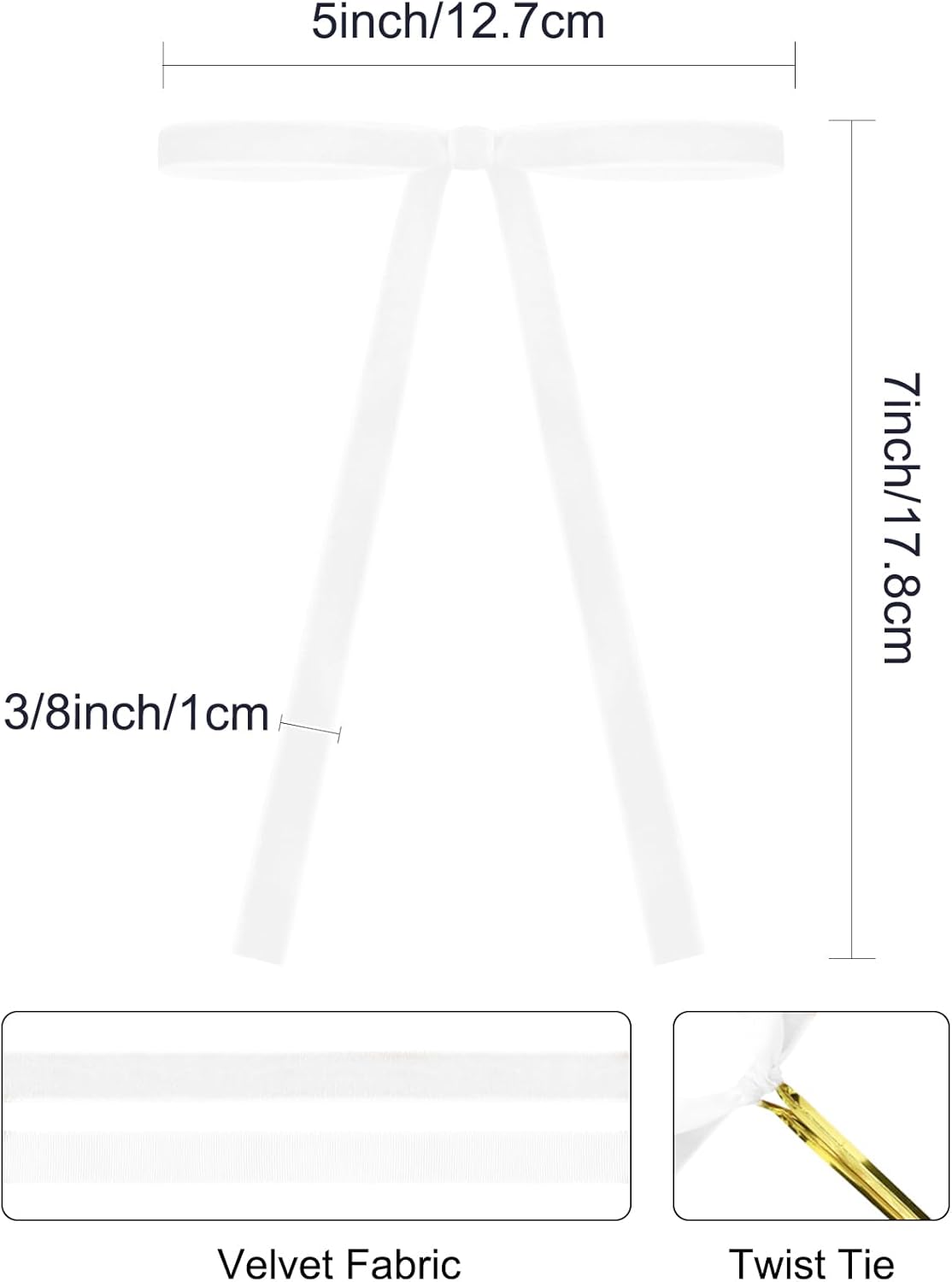 SIMISI RIBBON 24Pcs White Christmas Velvet Ribbon Bows Decorations Xmas Ornaments Vintage Decor for Tree, Wreath, Garland (3/8'' Width, 5 * 7 inch)