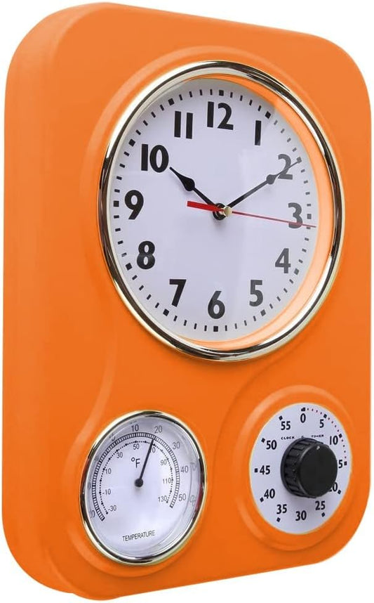 Lily's Home - 9.5 Inch x 12.5 Inch - Retro Kitchen Wall Clock, Vintage Wall Clock with a Thermometer and 60-Minute Timer, Ideal for Any Kitchen, Office, or Diner (Orange)