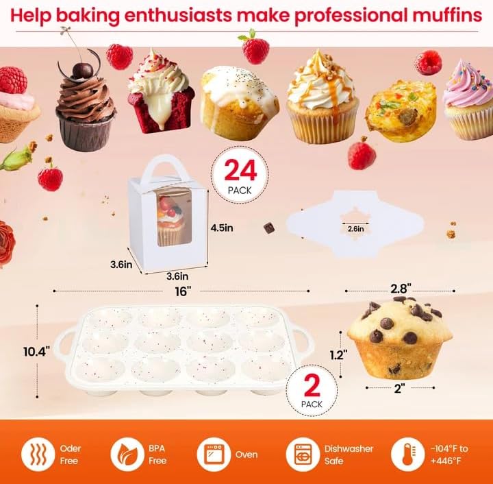 Silicone Muffin Pans for Baking with Metal Reinforced Frame 2 Pack with 24 Pack Individual Cupcake Containers, Nonstick Silicone Cupcake Pan for Baking Homemade Muffins, Dishwasher Safe BPA Free