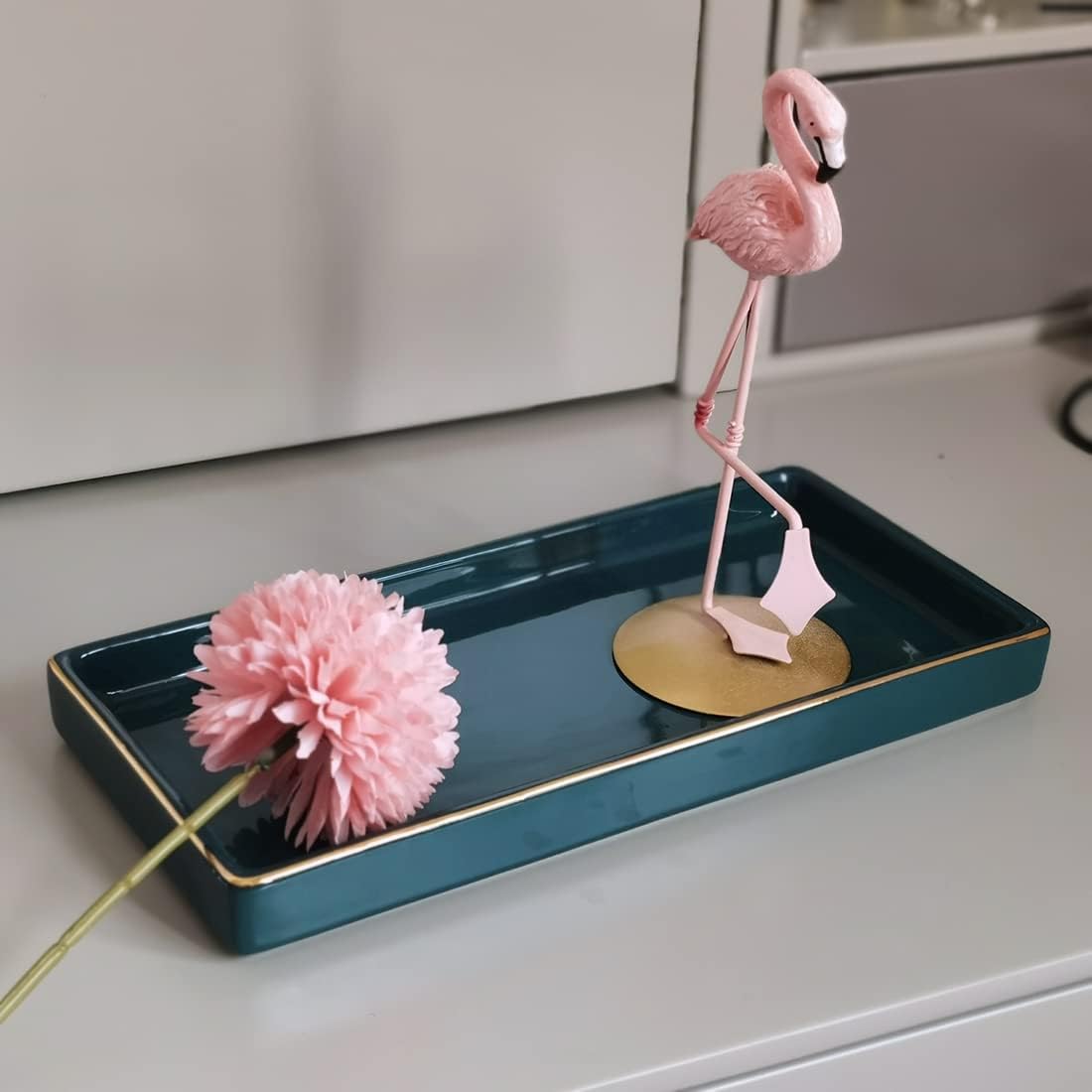 10 x 5 Ceramic Bathroom Tray for Countertop, Decorative Vanity Tray for Dresser Tops, Small Rectangular Trays for Perfume, Candle, Jewelry, Cosmetics (Green)