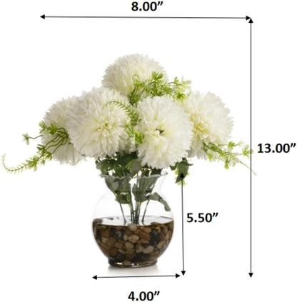 ENOVA FLORAL 7 Heads Silk Marigold Artificial Flowers in Vase,Faux Marigold Flowers Arrangement in Round Bowl Vase with Faux Water and River Rock for Table Decor Centerpieces (Marigold-Cream)