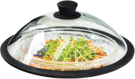 OEC Vented Splatter Guard Microwave Glass Cover for Food with Easy-Grip Handle, 10 inch Diameter, 100% Food Grade Tempered Glass & BPA Free Silicone Rim with Steam Vent, Dishwasher Safe
