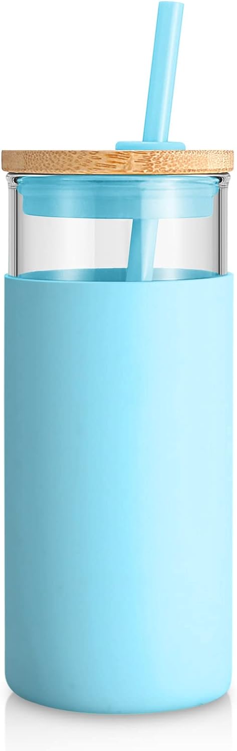 Tronco 20 oz Glass Tumbler with Lid and Straw, Iced Coffee Cup and Smoothie Cup with Bamboo Lids & Protective Silicone Sleeve, Dishwasher Safe, BPA-Free, Glass Cup 1 Pack