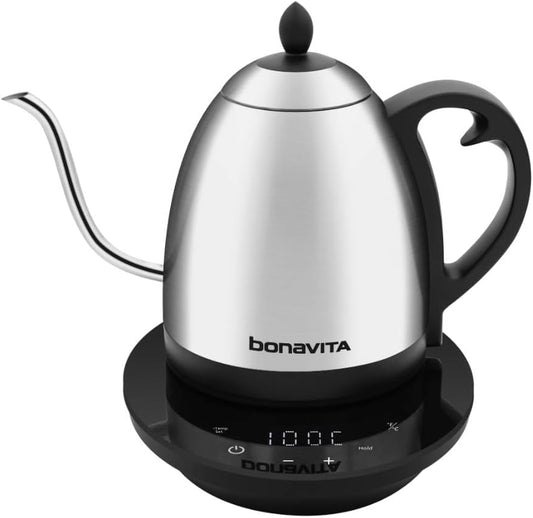Bonavita Cosmopolitan 1.0L Gooseneck Electric Kettle, Stainless Steel Water Boiler for Coffee Brew and Tea Precise Pour Control, 6 Preset Temps, Glass Touch Panel, 1200W Fast Boil, Stainless Steel