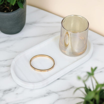 OOBOOB Oval Natural Marble Bathroom Tray for Decor Countertop, Marble Vanity Tray for Candles Perfume, Jewelry, Cosmetics, Elegant Vanity Organizer for Jewelry, Perfume (Star White, 9.84*4.72*0.7)