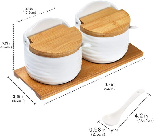 Ceramic Sugar Bowl with Bamboo Lids and Spoons Serving Tray, Porcelain Sugar Container for Sugar Tea Coffee Spice,Salt Condiment with Chalkboard Labels for Home Kitchen,9.1 fl oz 270 ML