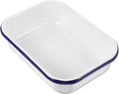 PRETYZOOM Enamel Baking Pan Small Enameled Bakeware Tray for Bread and Food Storage 8.66X6.29X2.16 Inch Blue Rim Heat-Resistant Loaf Pan