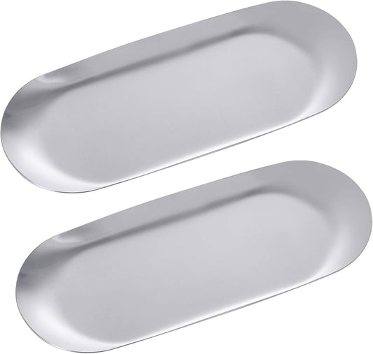 IBWell 2 pcs Silver Decorative Serving Tray for Bathroom, Small Jewelry Tray, Long Tray, Silver Jewelry Tray, Jewelry Bowl Dish Decorative Bathroom Tray – 7”