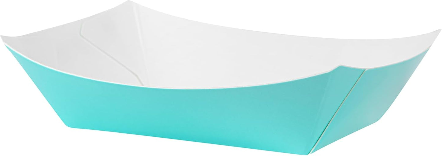 Restaurantware-Bio Tek 4 Ounce Paper Boats, 50 Disposable #25 Food Trays - PE Lining, Durable, Turquoise Paper Food Baskets, For Concession Stands, Picnics, or Fairs, Stackable