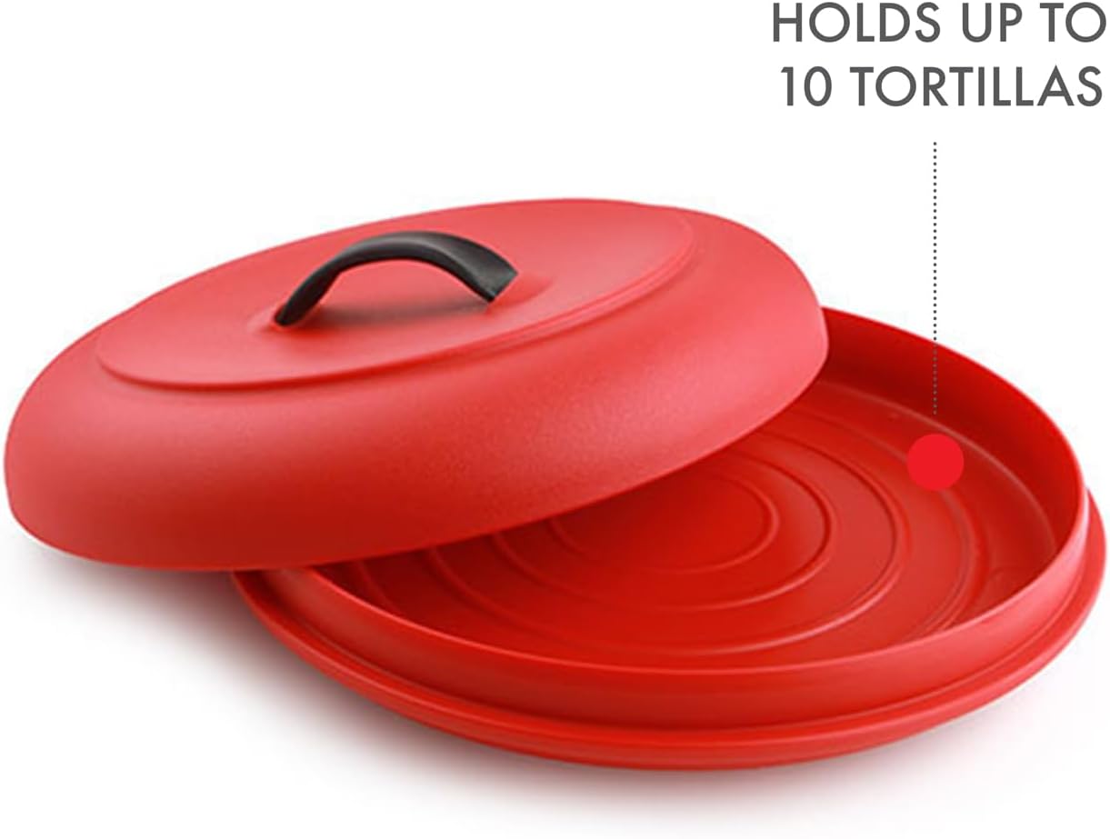 Dexas Tortilla Warmer 8.5x8.5x2.5 Inches, Microwavable Tortilla Warmer, Red Color, Perfect for Warming Tortillas, Bread, Pancakes, Cornbread, Food Warmers, Durable Microwave Tortilla Warmer