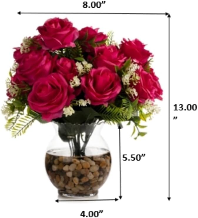 ENOVA FLORAL 18 Heads Silk Rose Artificial Flowers in Vase,Faux Rose Flowers Arrangement in Round Bowl Vase with Faux Water and River Rock for Table Decor Centerpieces (Fushia)
