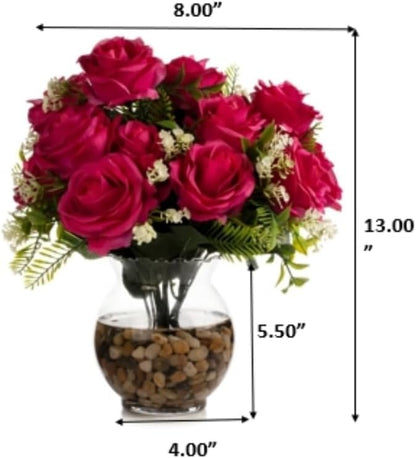 ENOVA FLORAL 18 Heads Silk Rose Artificial Flowers in Vase,Faux Rose Flowers Arrangement in Round Bowl Vase with Faux Water and River Rock for Table Decor Centerpieces (Fushia)