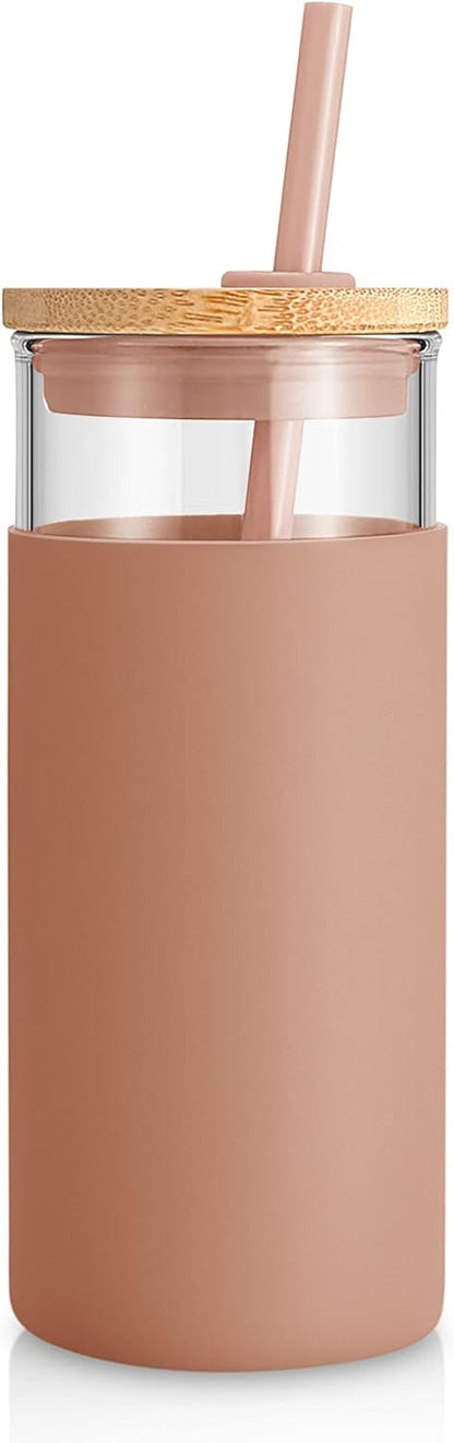 Tronco 20 oz Glass Tumbler with Lid and Straw, Iced Coffee Cup and Smoothie Cup with Bamboo Lids & Protective Silicone Sleeve, Dishwasher Safe, BPA-Free, Glass Cup 1 Pack
