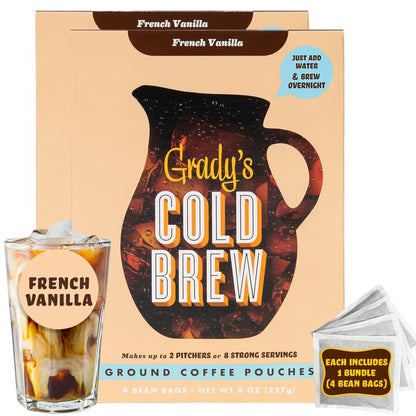 GRADY’S COLD BREW, French Vanilla, 100% Arabica Ground Coffee & Chicory Pouches, TWO Bundles of 4 Easy-to-Brew Bean Bags, Makes 24 drinks