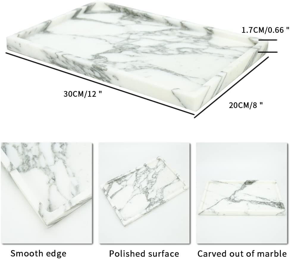 Real Luxurious Natural Marble Vanity Tray Genuine Marble Storage Tray for Home Decor Stone Tray for Bathroom/Kitchen/Vanity/Dresser Non-Resin/(arabescato)