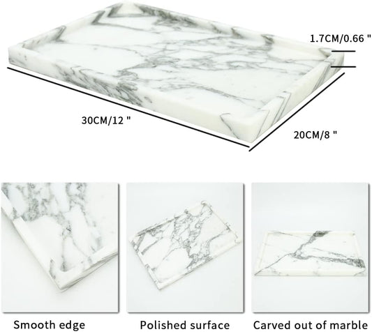 Real Luxurious Natural Marble Vanity Tray Genuine Marble Storage Tray for Home Decor Stone Tray for Bathroom/Kitchen/Vanity/Dresser Non-Resin/(arabescato)