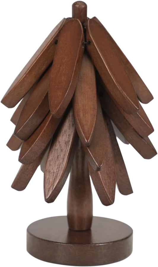 Wooden Trivets for Hot Dishes - Trivet Tree, Tree Coasters, Decorative Shape Set, 4 Coasters + 1 Stand, Walnut Foldable Hot Plate Holder for Pots, Pans, Bowls, Teapots