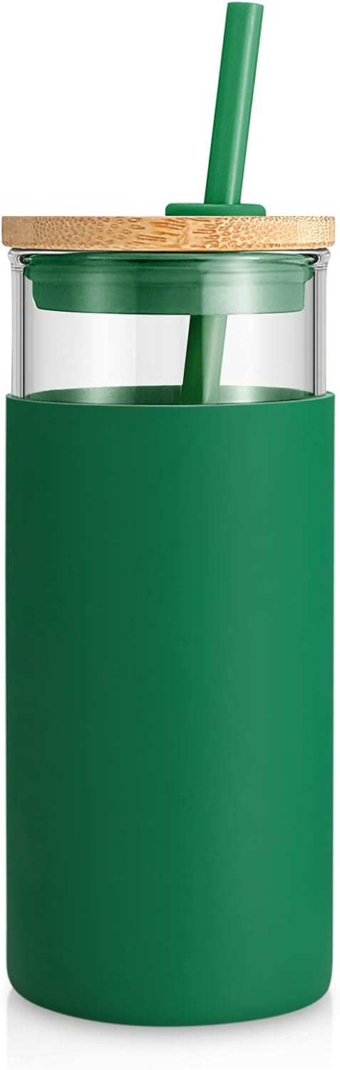 Tronco 20 oz Glass Tumbler with Lid and Straw, Iced Coffee Cup and Smoothie Cup with Bamboo Lids & Protective Silicone Sleeve, Dishwasher Safe, BPA-Free, Glass Cup 1 Pack