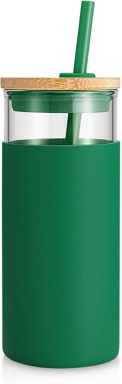 Tronco 20 oz Glass Tumbler with Lid and Straw, Iced Coffee Cup and Smoothie Cup with Bamboo Lids & Protective Silicone Sleeve, Dishwasher Safe, BPA-Free, Glass Cup 1 Pack