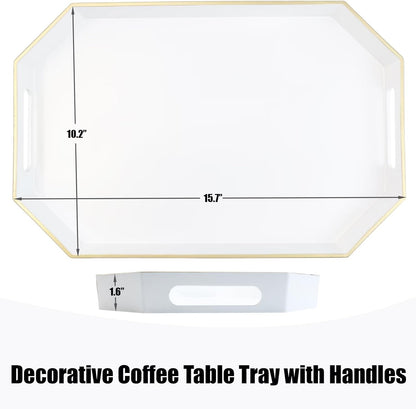 White Decorative Tray with Handles, Octagon Versatile Serving Tray for Coffee Table, Ottoman, Ideal for Serving, Displaying, Organizing