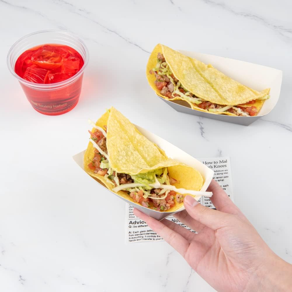 Restaurantware Bio Tek 6 Ounce Boat Paper Boats 50 Disposable #40 Food Trays - PE Lining Durable Gray Paper Food Baskets For Concession Stands Picnics or Fairs Stackable