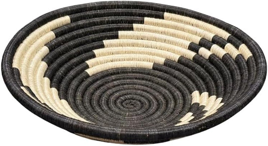 Handwoven African Basket Handmade sisal Fruit Bowl Wall Hanging decorative Baskets for Home Living Room Kitchen Centerpiece Zen Designs Arts and Crafts (Black Natural Geometric, 12in diameter)