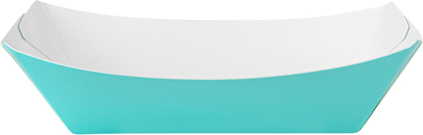 Restaurantware-Bio Tek 4 Ounce Paper Boats, 50 Disposable #25 Food Trays - PE Lining, Durable, Turquoise Paper Food Baskets, For Concession Stands, Picnics, or Fairs, Stackable