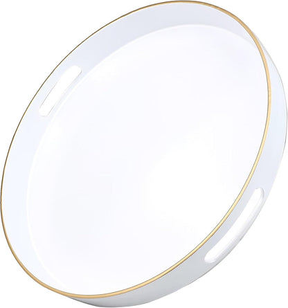 White Round Decorative Tray with Handles, 13" Versatile Serving Tray for Coffee Table, Ottoman, Ideal for Serving, Displaying, Organizing