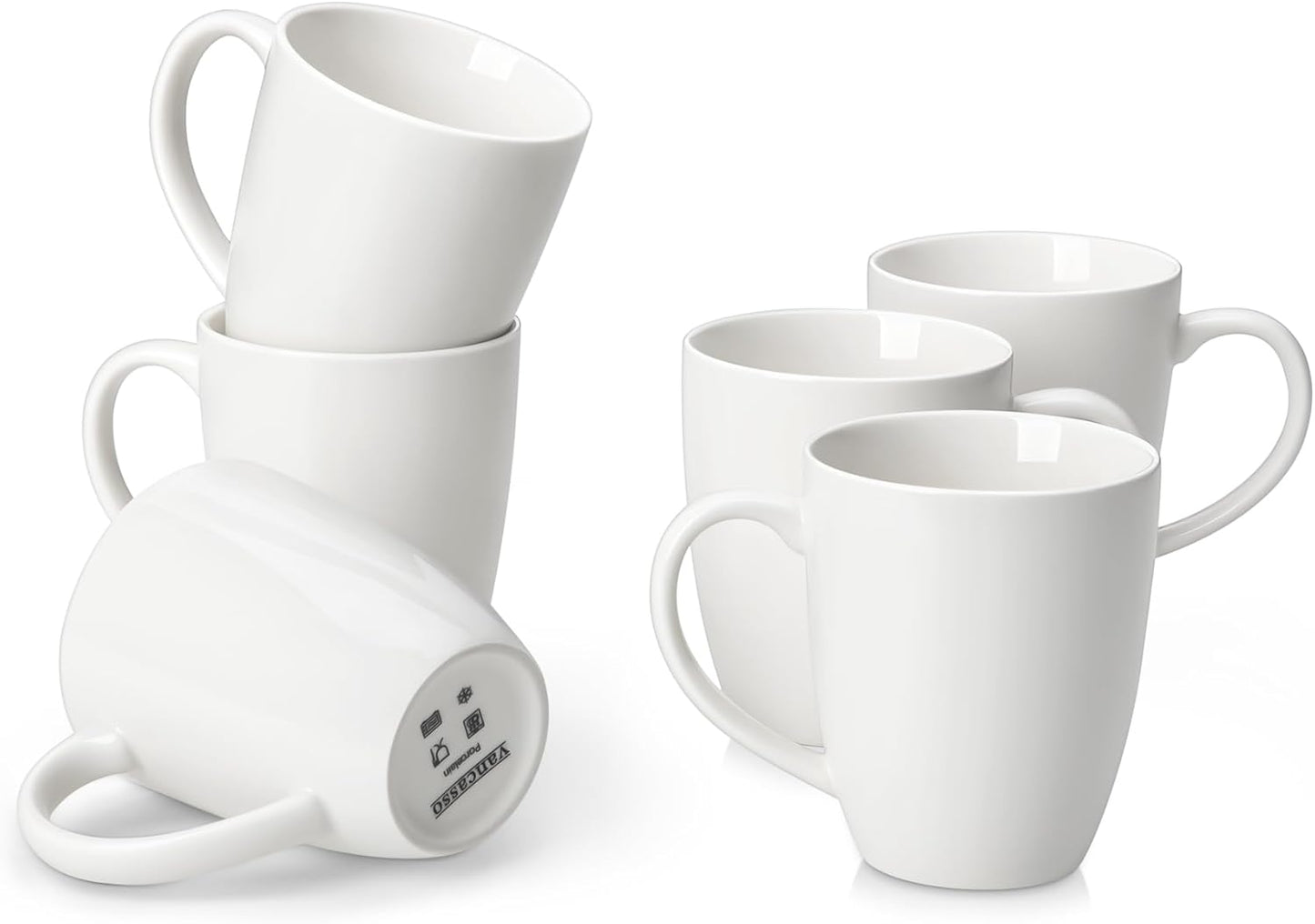 vancasso White Ceramic Coffee Mug Set of 6, 12 Oz Tea Cups with Handle for Latte, Tea, Cappuccino, Milk, Cocoa, Microwave&Dishwasher Safe