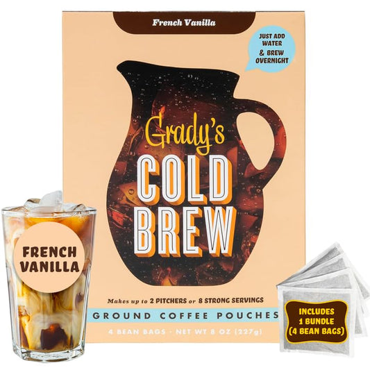 GRADY’S COLD BREW, French Vanilla, 100% Arabica Ground Coffee & Chicory Pouches, ONE Box with 4 Easy-to-Brew Bean Bags, Makes 12 drinks
