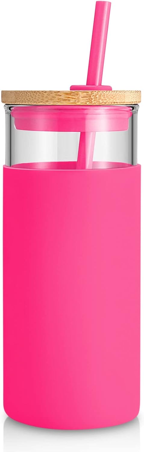 Tronco 20 oz Glass Tumbler with Lid and Straw, Iced Coffee Cup and Smoothie Cup with Bamboo Lids & Protective Silicone Sleeve, Dishwasher Safe, BPA-Free, Glass Cup 1 Pack