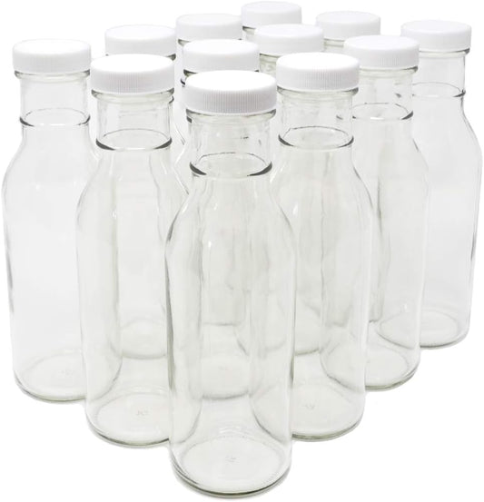 nicebottles Clear Glass Beverage/Sauce Bottles, 12 Oz, White Caps - 4 Cases of 12 units, 48 Total