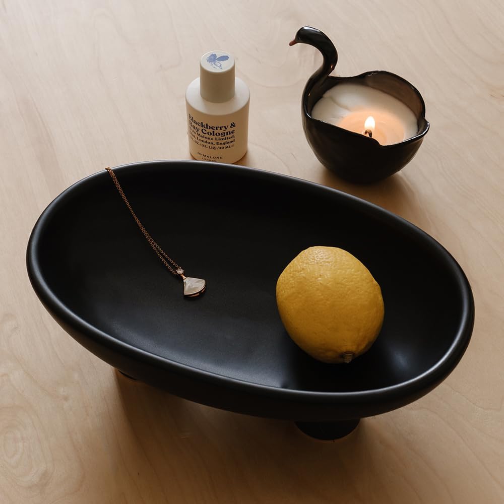 WENSHUO Three-Legs Ceramic Fruit Bowl for Kitchen Counter, Decorative Bowl for Table Décor, 10-inch Oval Large Bowls for Breads (Black)