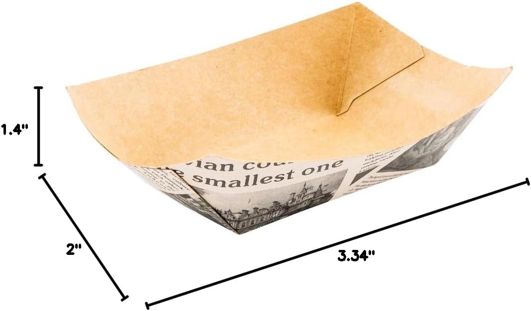 Restaurantware Bio Tek 6 Ounce Boat Paper Boats 50 Disposable #40 Food Trays - PE Lining Durable Newsprint Striped Paper Food Baskets For Concession Stands Picnics or Fairs Stackable