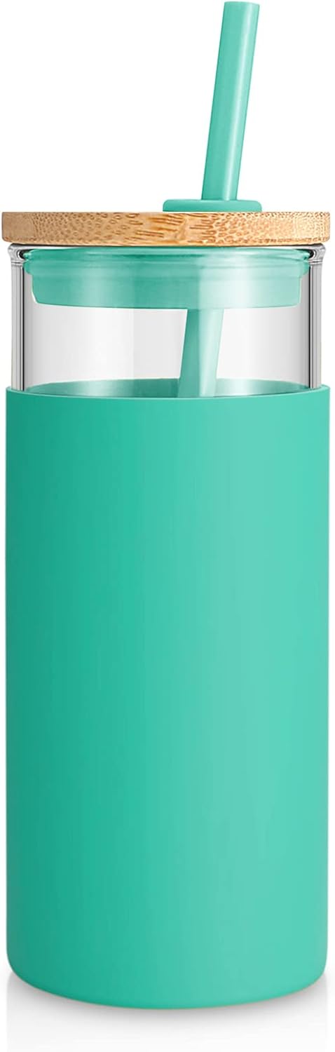 Tronco 20 oz Glass Tumbler with Lid and Straw, Iced Coffee Cup and Smoothie Cup with Bamboo Lids & Protective Silicone Sleeve, Dishwasher Safe, BPA-Free, Glass Cup 1 Pack