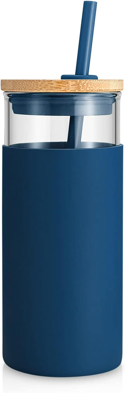Tronco 20 oz Glass Tumbler with Lid and Straw, Iced Coffee Cup and Smoothie Cup with Bamboo Lids & Protective Silicone Sleeve, Dishwasher Safe, BPA-Free, Glass Cup 1 Pack