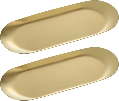 IBWell 2 pcs Gold Decorative Serving Tray for Bathroom, Small Jewelry Tray, Long Tray, Gold Jewelry Tray, Jewelry Bowl Dish Decorative Bathroom Tray-8.9”