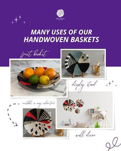 Handwoven African Basket Handmade sisal Fruit Bowl Wall Hanging decorative Baskets for Home Living Room Kitchen Centerpiece Zen Designs Arts and Crafts (Royal Blue Floral, 8in diameter)