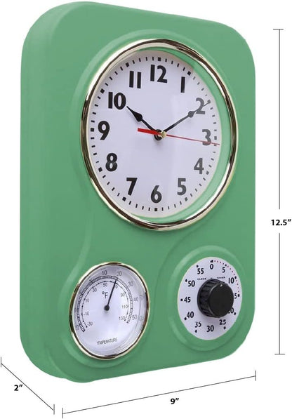 Lily's Home -9.5 Inch x 12.5 Inch - Retro Kitchen Wall Clock, Vintage Wall Clock with a Thermometer and 60-Minute Timer, Ideal for Any Kitchen, Office, or Diner (Retro Green)